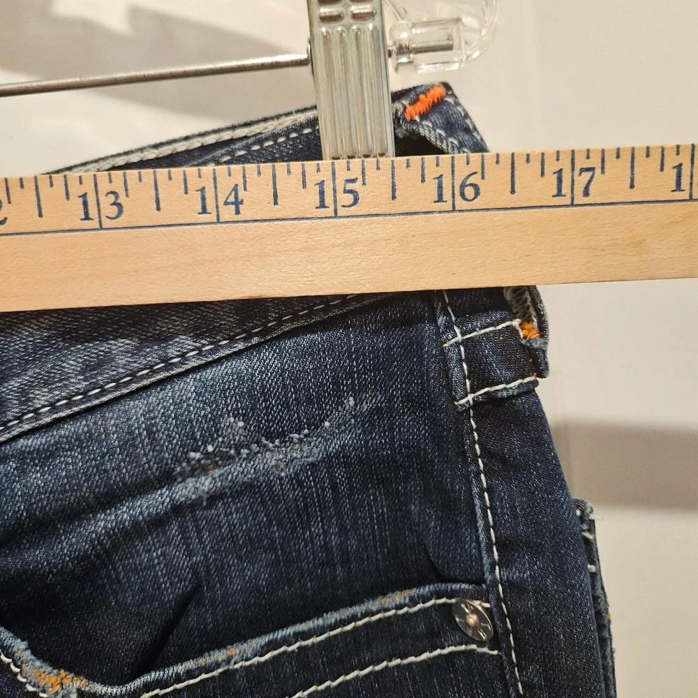 True Religion Jeans Mens 32 Blue Straight Flap Orange Stitch Distressed Ripped